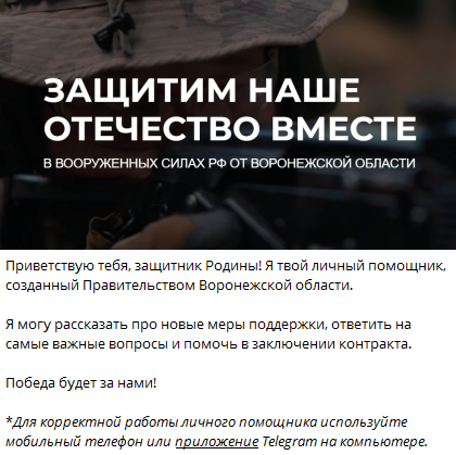 Контракт с Минобороны воронежские власти предлагают заключить через телеграм-бот